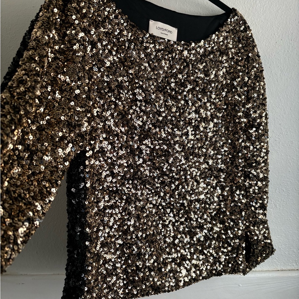 Loyd/Ford Palm Springs Sequin Top Black & Gold Asymmetrical Party Blouse